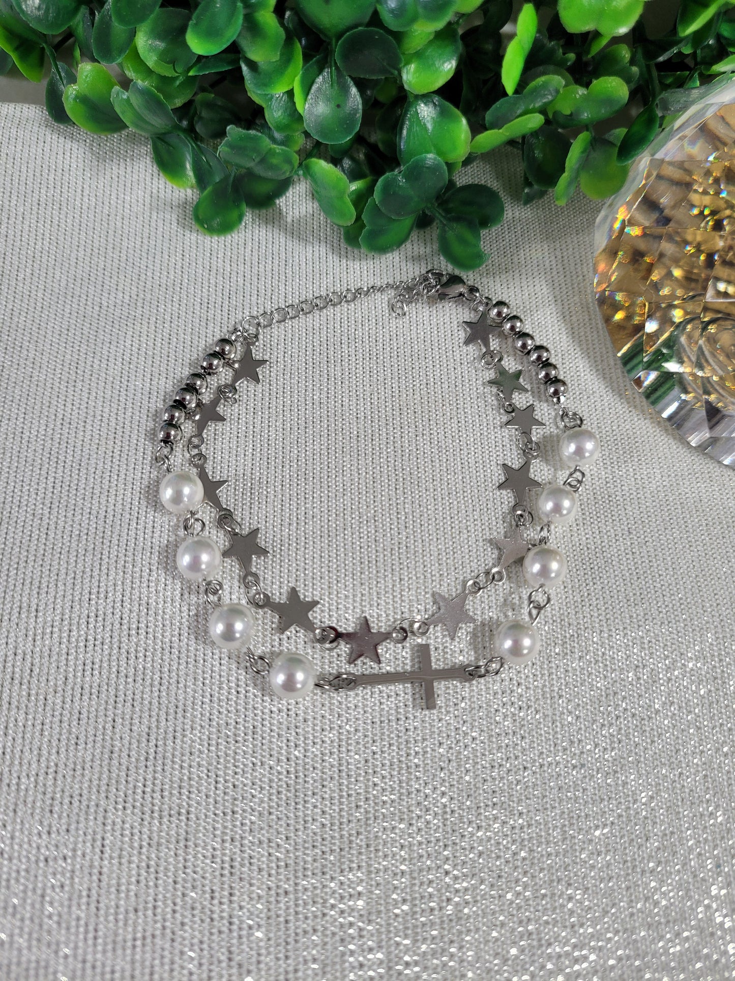 Pulsera Doble Con Perlas Y Estrellas